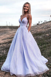 Shiny Purple Tulle A-line Backless Prom Dresses With Pocket, Evening Dresses